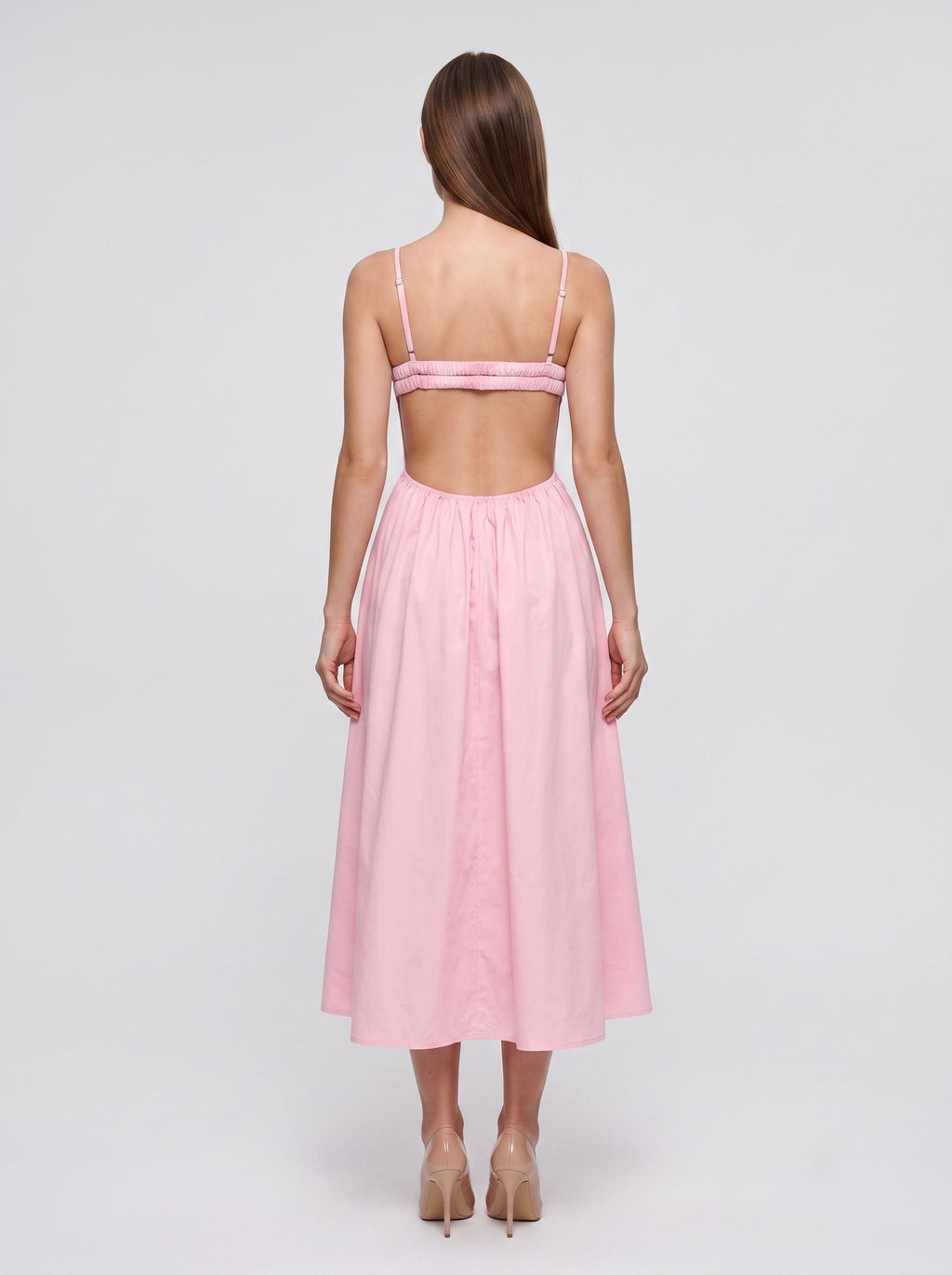 Petal Stretch Knit A-Line V-Neck Backless Midi Dress with Twist Bust Detail and Pockets
