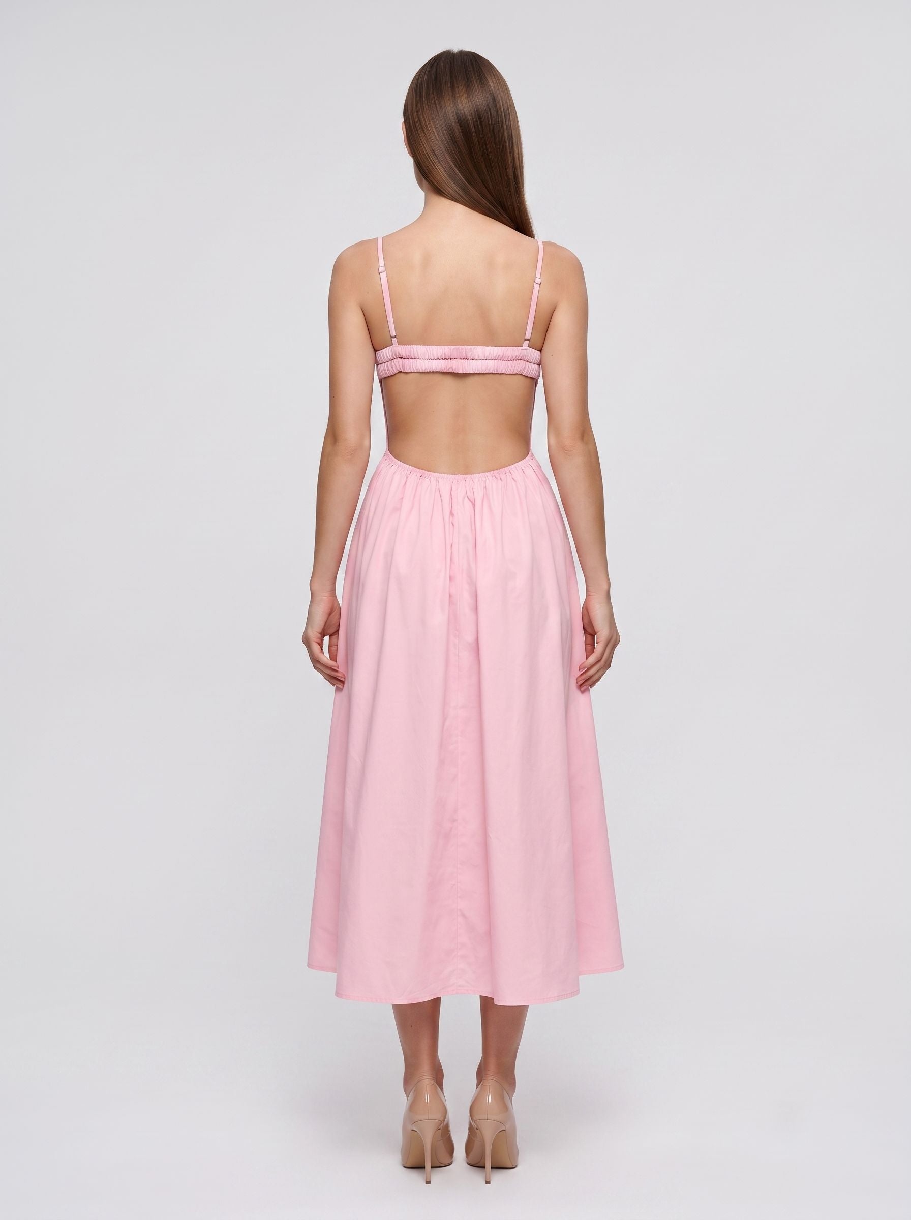 Petal Stretch Knit A-Line V-Neck Backless Midi Dress with Twist Bust Detail and Pockets