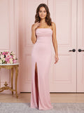Petal Stretch Knit Sheath Straight Neck Back Zip Floor-Length Dress with Beading & Side Slit