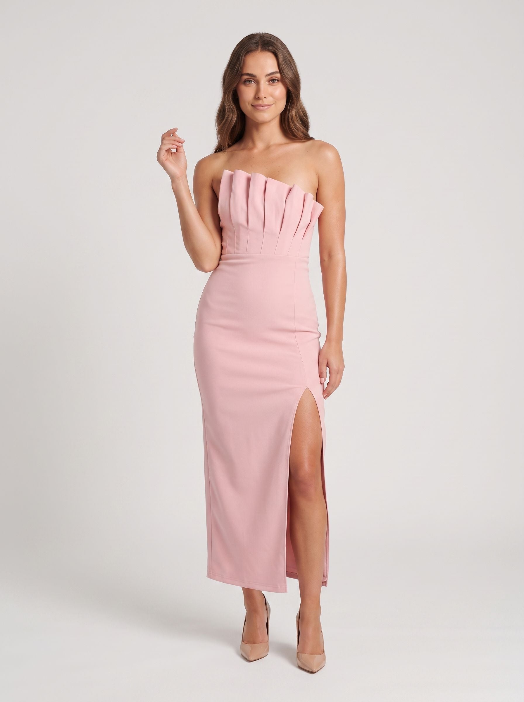 Petal Matte Satin Sheath Straight Neck Back Zip Midi Dress with Asymmetrical Pleated Bodice