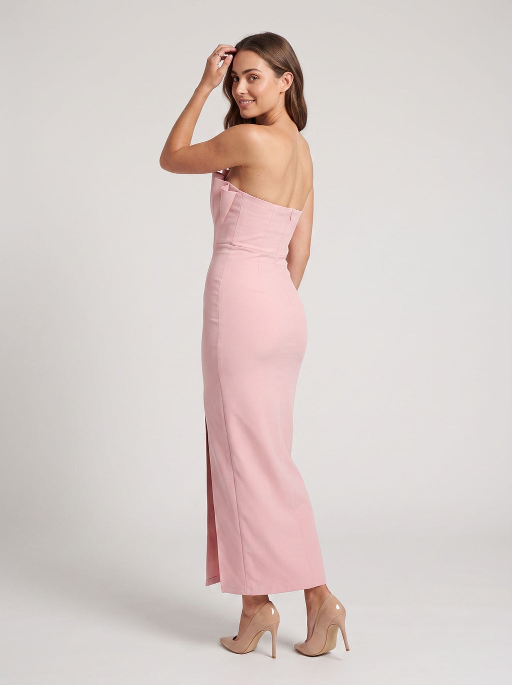 Petal Matte Satin Sheath Straight Neck Back Zip Midi Dress with Asymmetrical Pleated Bodice