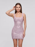 Blushing Pink Rhinestone Mesh Sheath Square Neck Backless Mini Dress