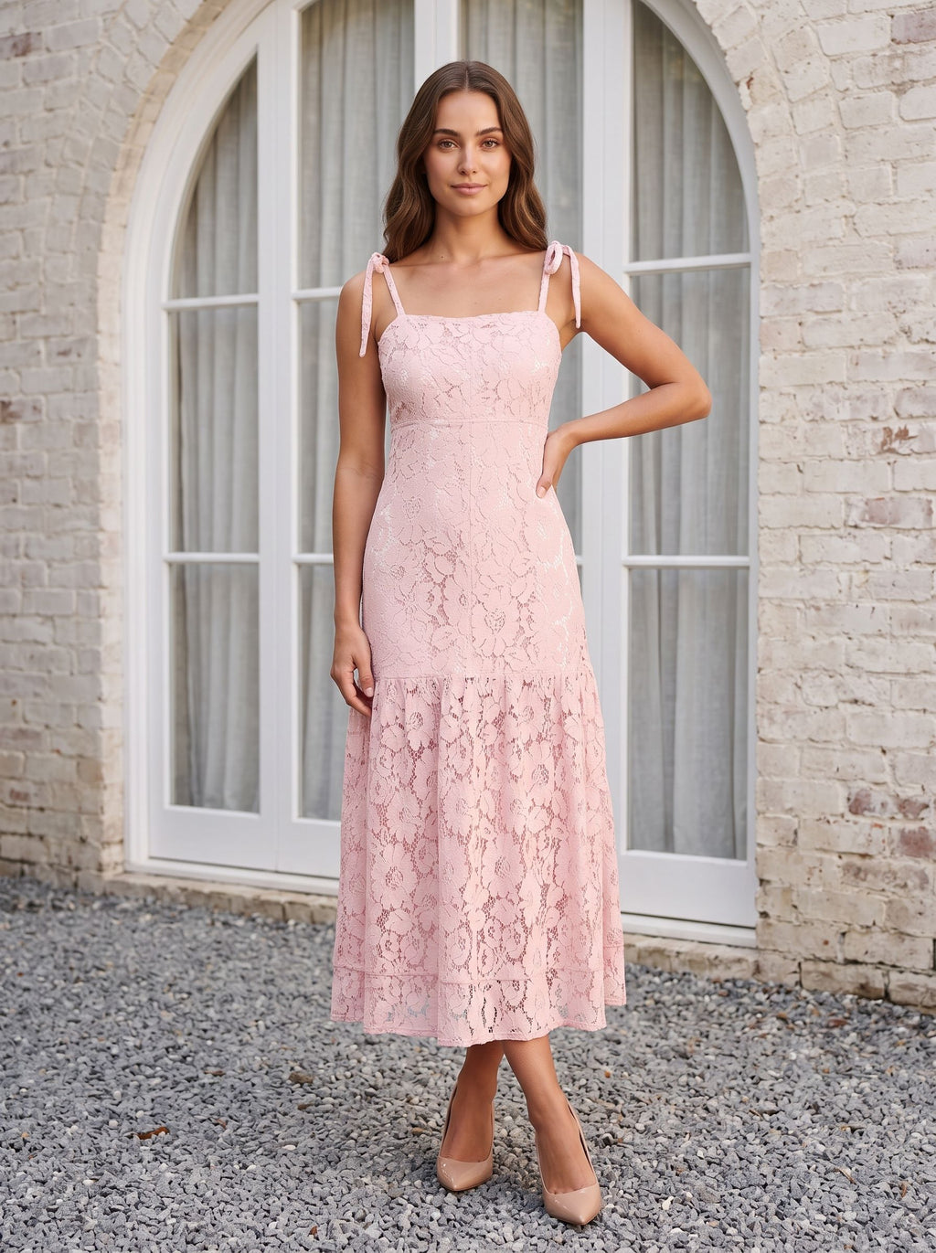 Blushing Pink Lace A-Line Square Neck Back Zip Long Dress with Tie-Up Straps