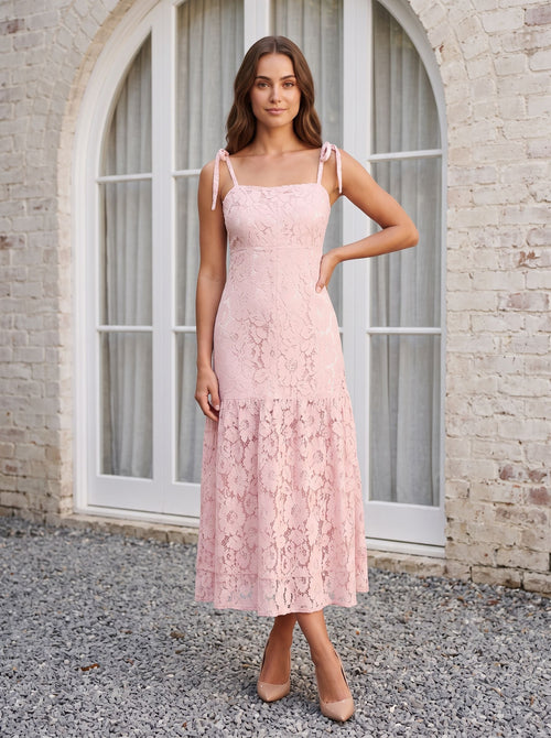 Blushing Pink Lace A-Line Square Neck Back Zip Long Dress with Tie-Up Straps