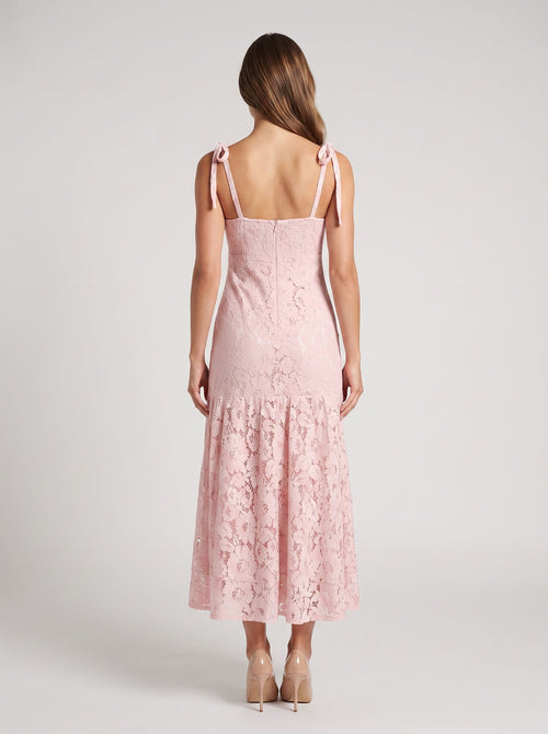 Blushing Pink Lace A-Line Square Neck Back Zip Long Dress with Tie-Up Straps