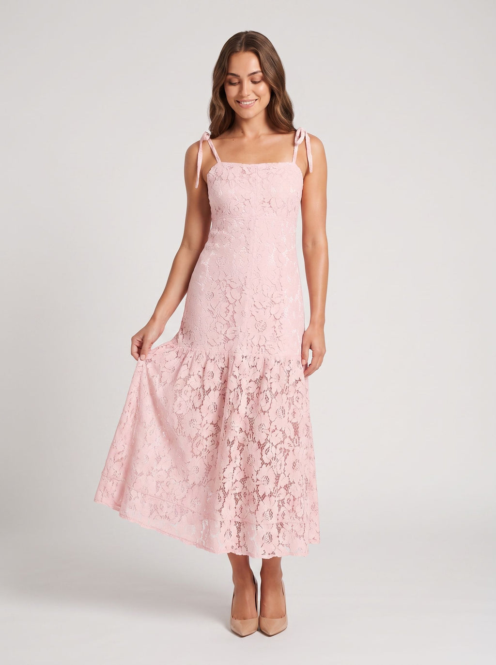 Blushing Pink Lace A-Line Square Neck Back Zip Long Dress with Tie-Up Straps