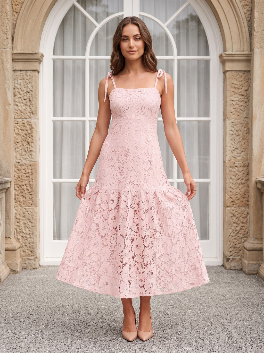 Blushing Pink Lace A-Line Square Neck Back Zip Long Dress with Tie-Up Straps