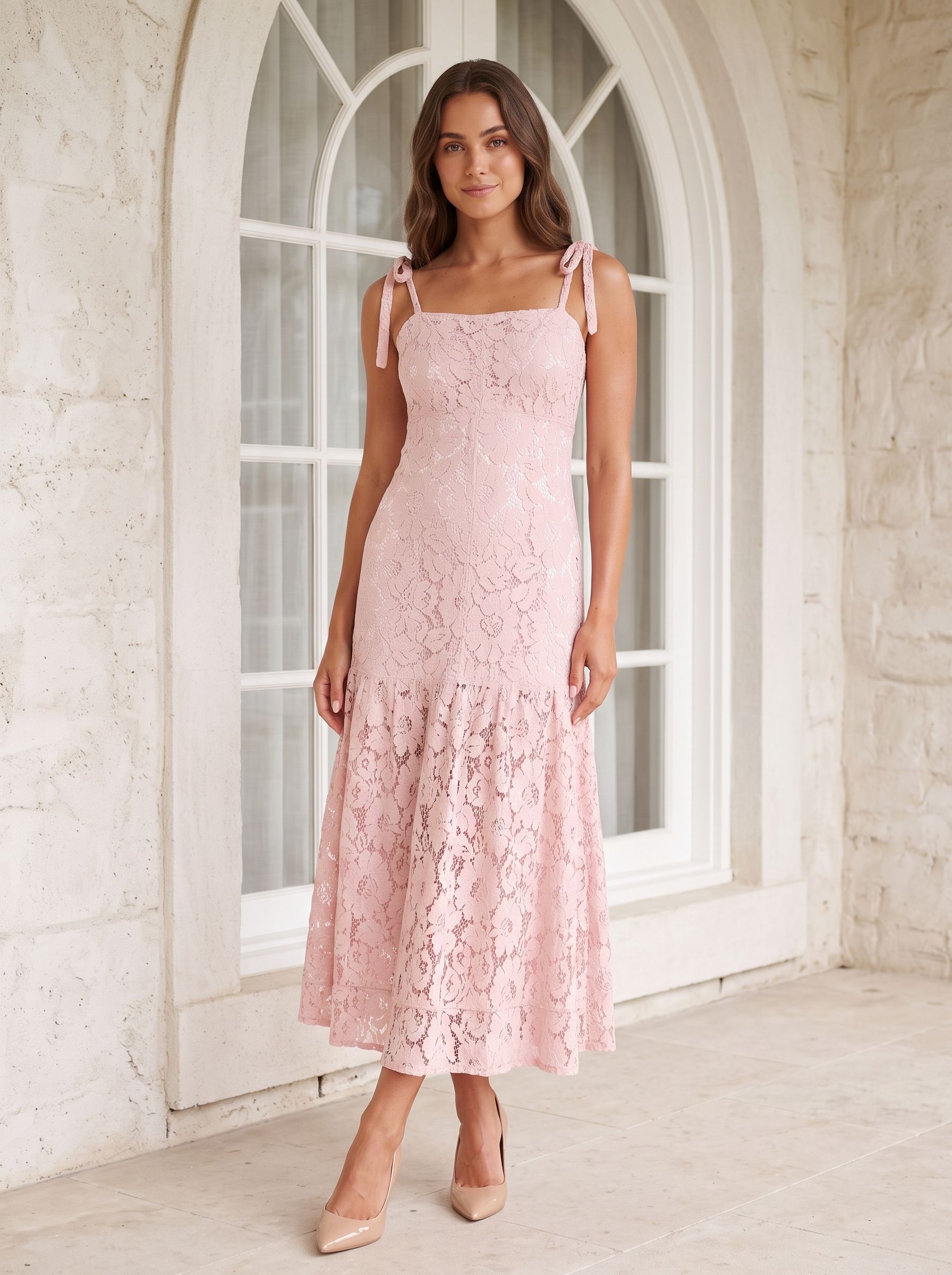 Blushing Pink Lace A-Line Square Neck Back Zip Long Dress with Tie-Up Straps