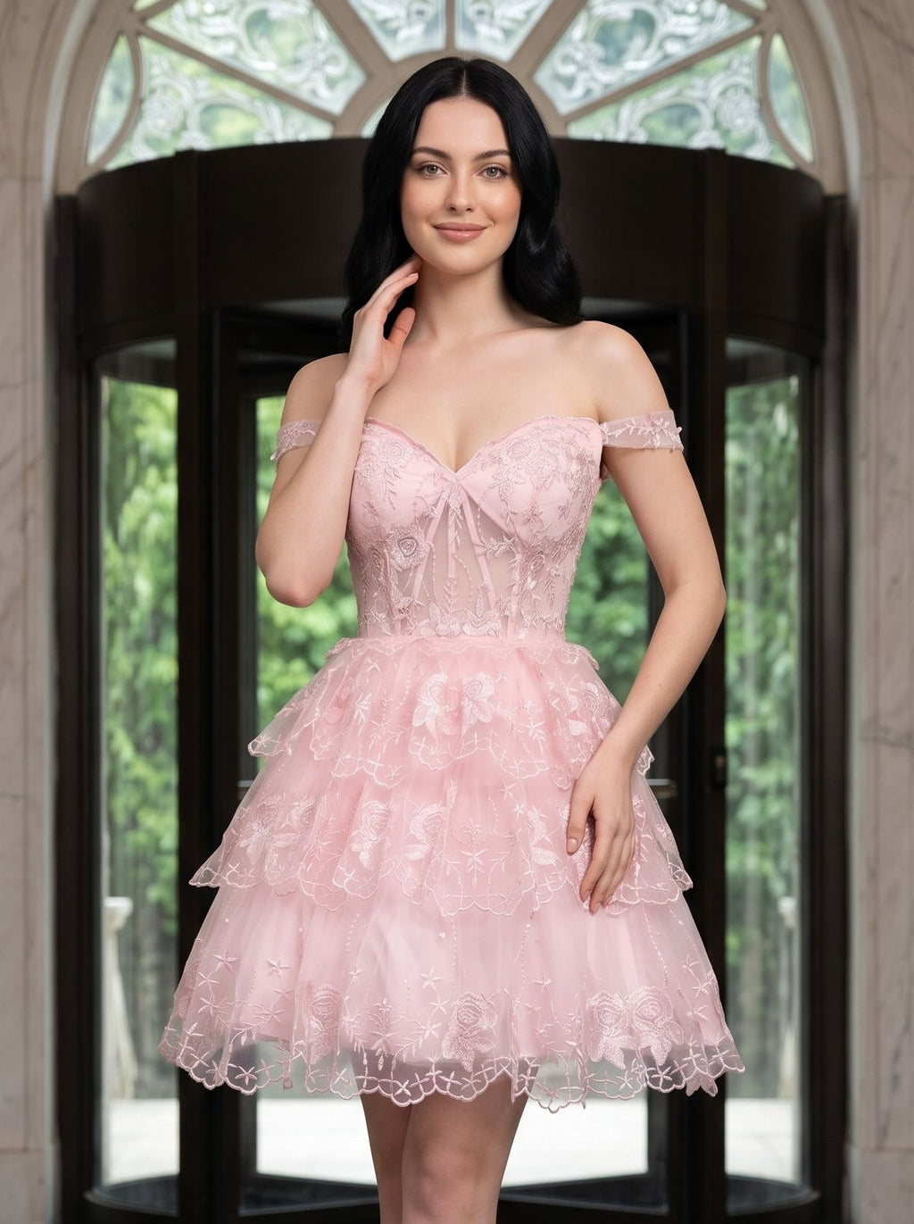 Pink Lace Satin A-Line Off-the-Shoulder Corset Back Short Dress with Floral Lace Appliqué
