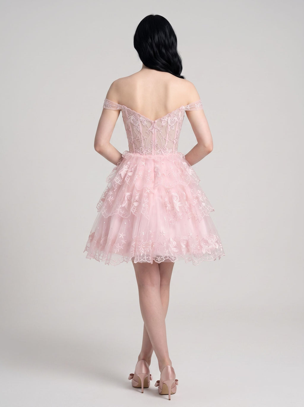 Pink Lace Satin A-Line Off-the-Shoulder Corset Back Short Dress with Floral Lace Appliqué