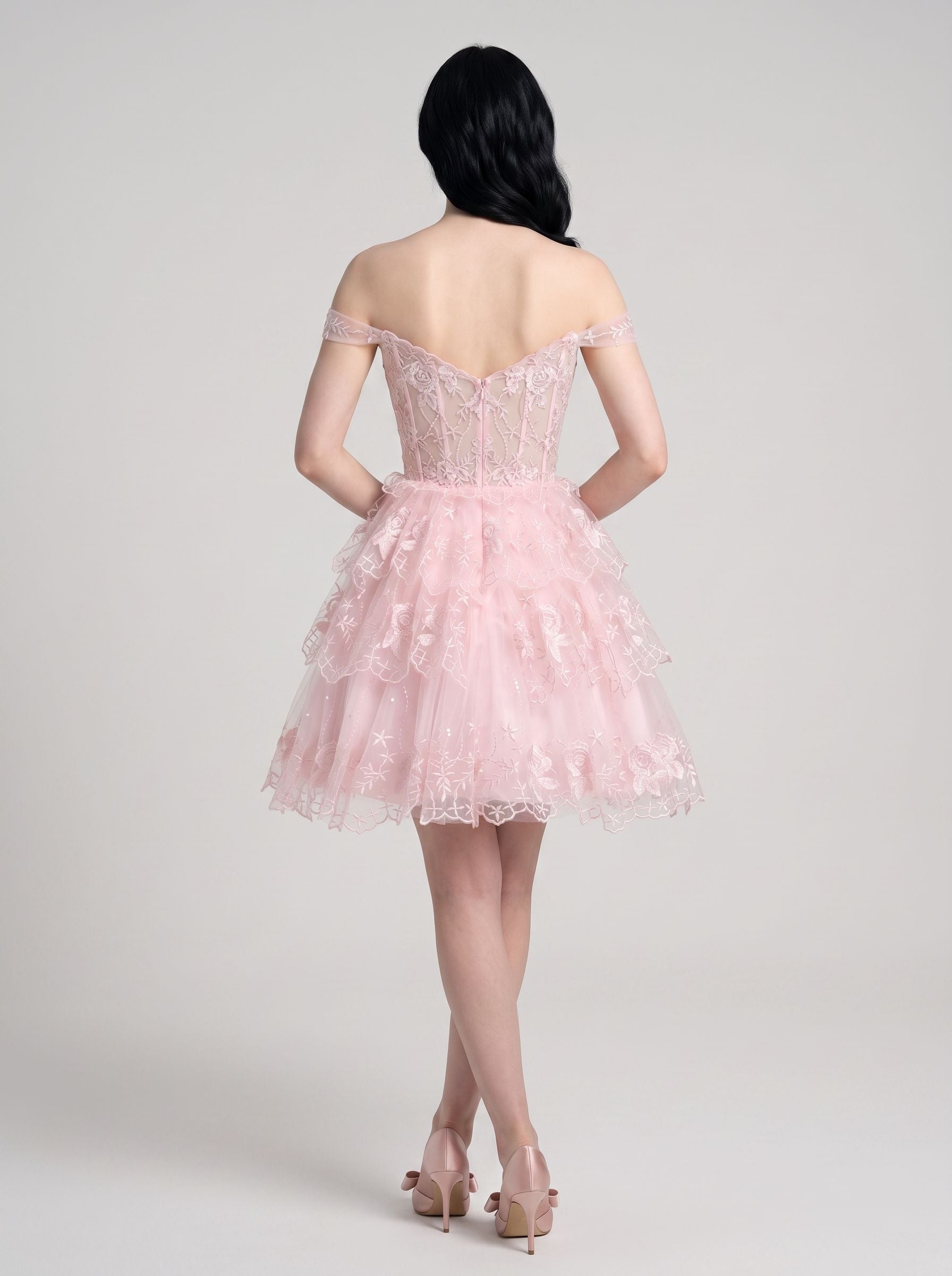 Pink Lace Satin A-Line Off-the-Shoulder Corset Back Short Dress with Floral Lace Appliqué