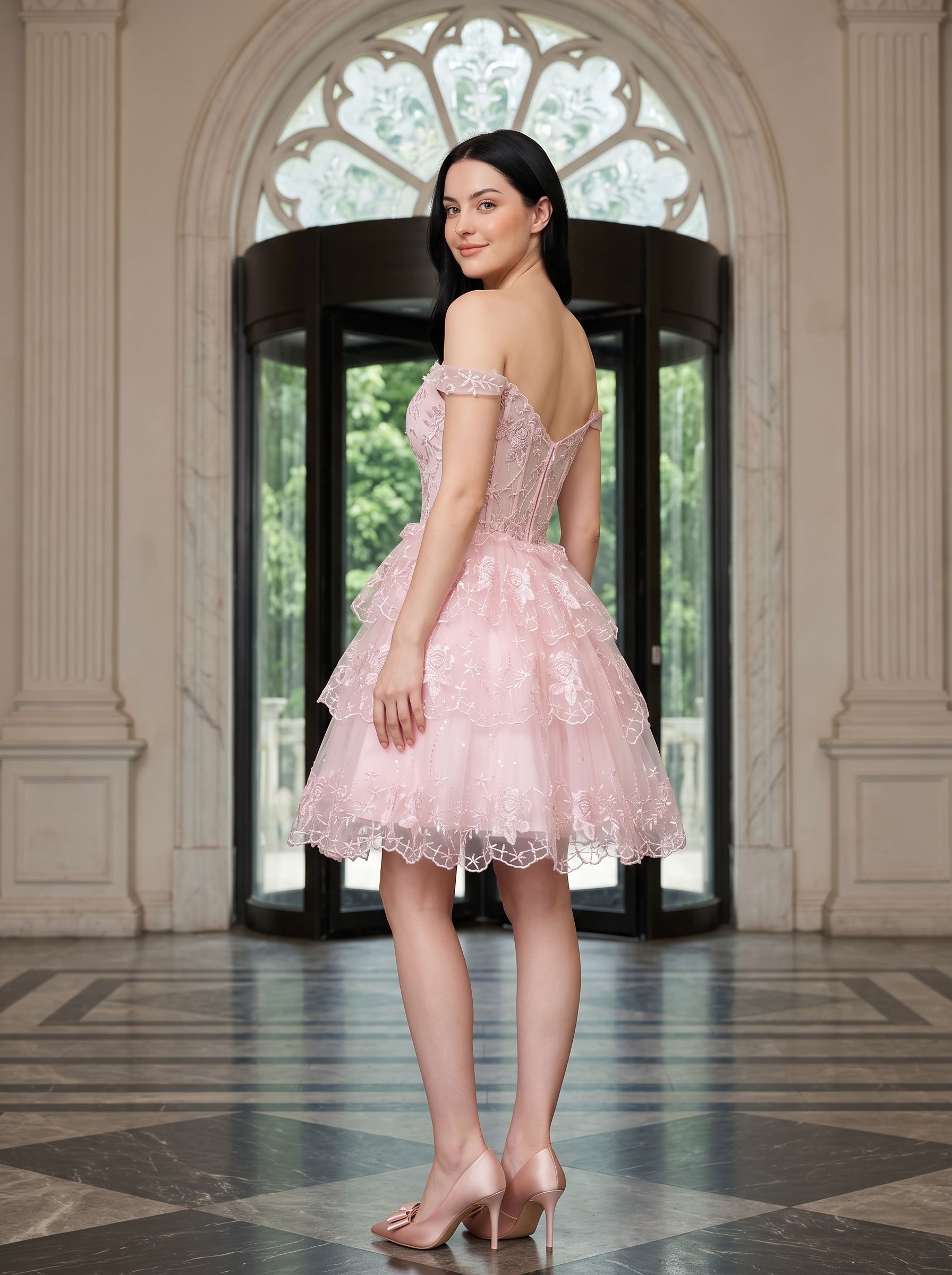 Pink Lace Satin A-Line Off-the-Shoulder Corset Back Short Dress with Floral Lace Appliqué