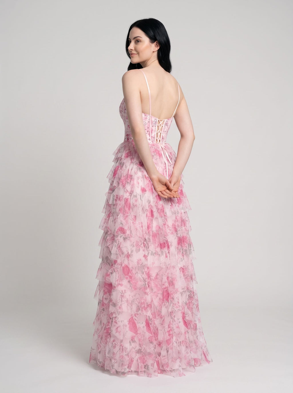 Pink Print Chiffon A-Line Sweetheart Lace-up Floor-Length Dress with Ruffled Tiered Skirt