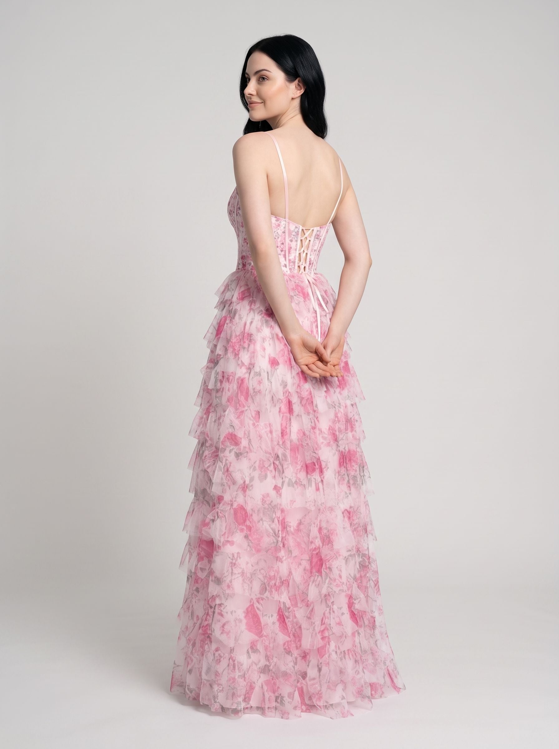 Pink Print Chiffon A-Line Sweetheart Lace-up Floor-Length Dress with Ruffled Tiered Skirt