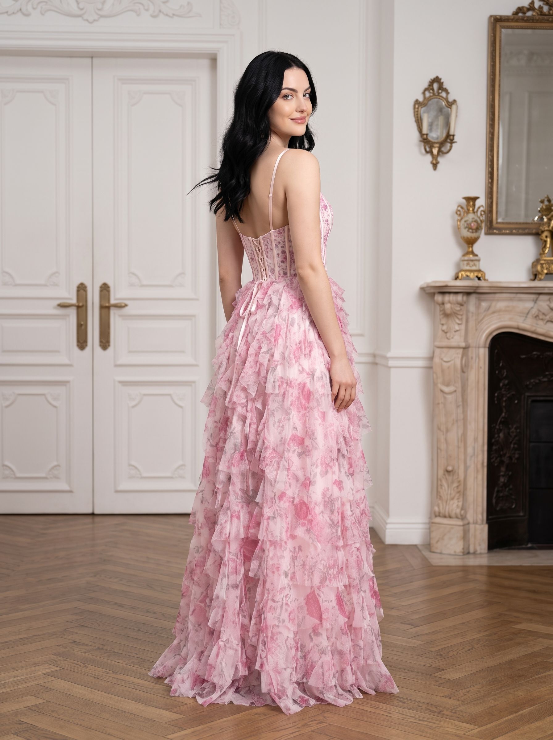 Pink Print Chiffon A-Line Sweetheart Lace-up Floor-Length Dress with Ruffled Tiered Skirt