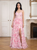 Pink Print Chiffon A-Line Sweetheart Lace-up Floor-Length Dress with Ruffled Tiered Skirt