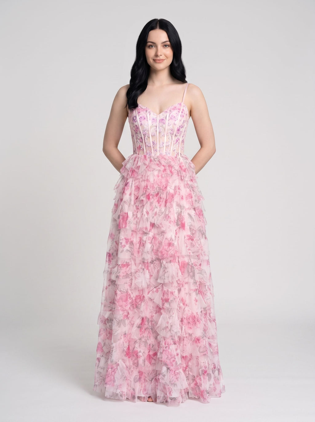 Pink Print Chiffon A-Line Sweetheart Lace-up Floor-Length Dress with Ruffled Tiered Skirt