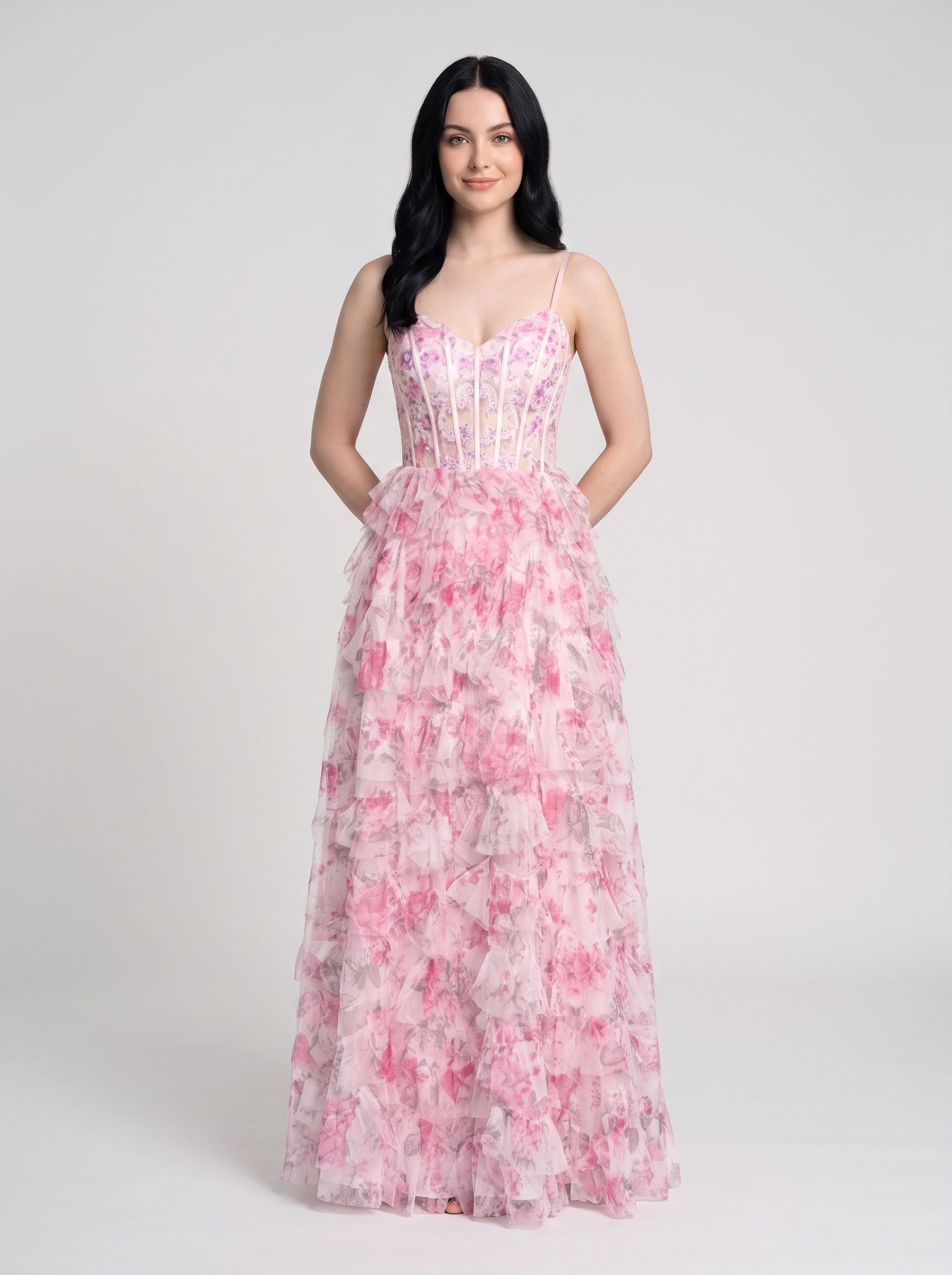 Pink Print Chiffon A-Line Sweetheart Lace-up Floor-Length Dress with Ruffled Tiered Skirt