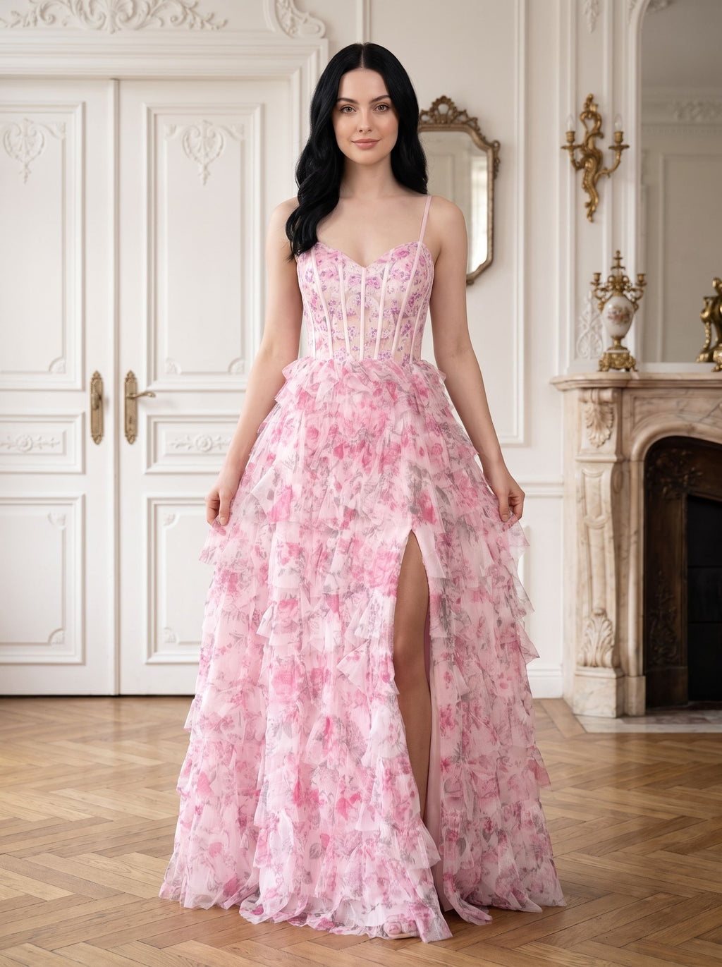 Pink Print Chiffon A-Line Sweetheart Lace-up Floor-Length Dress with Ruffled Tiered Skirt