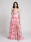 Pink Print Chiffon A-Line Sweetheart Lace-up Floor-Length Dress with Slit