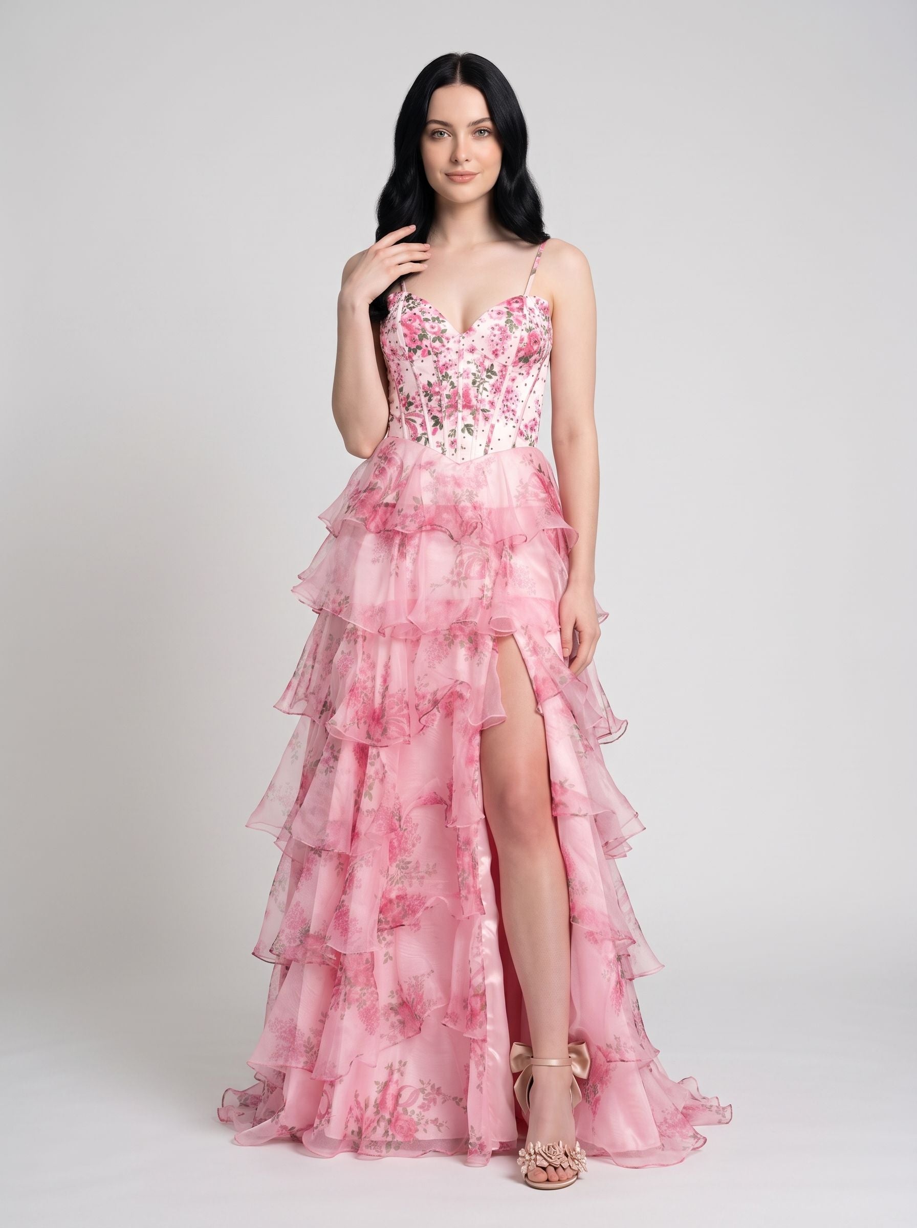 Pink Print Chiffon A-Line Sweetheart Lace-up Floor-Length Dress with Slit