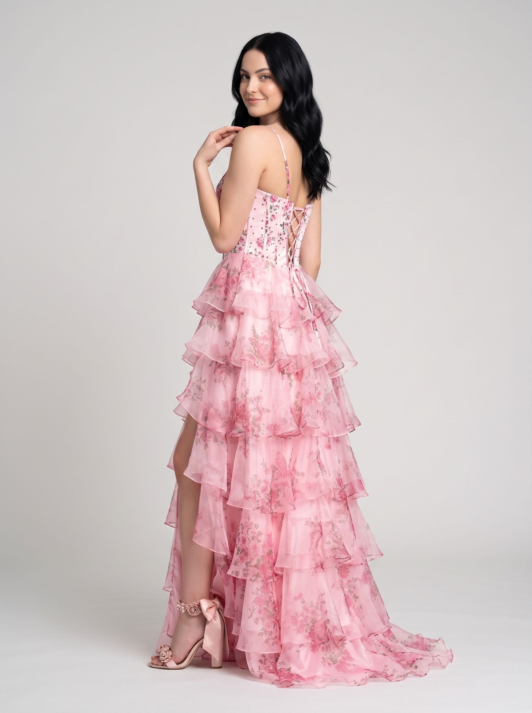 Pink Print Chiffon A-Line Sweetheart Lace-up Floor-Length Dress with Slit
