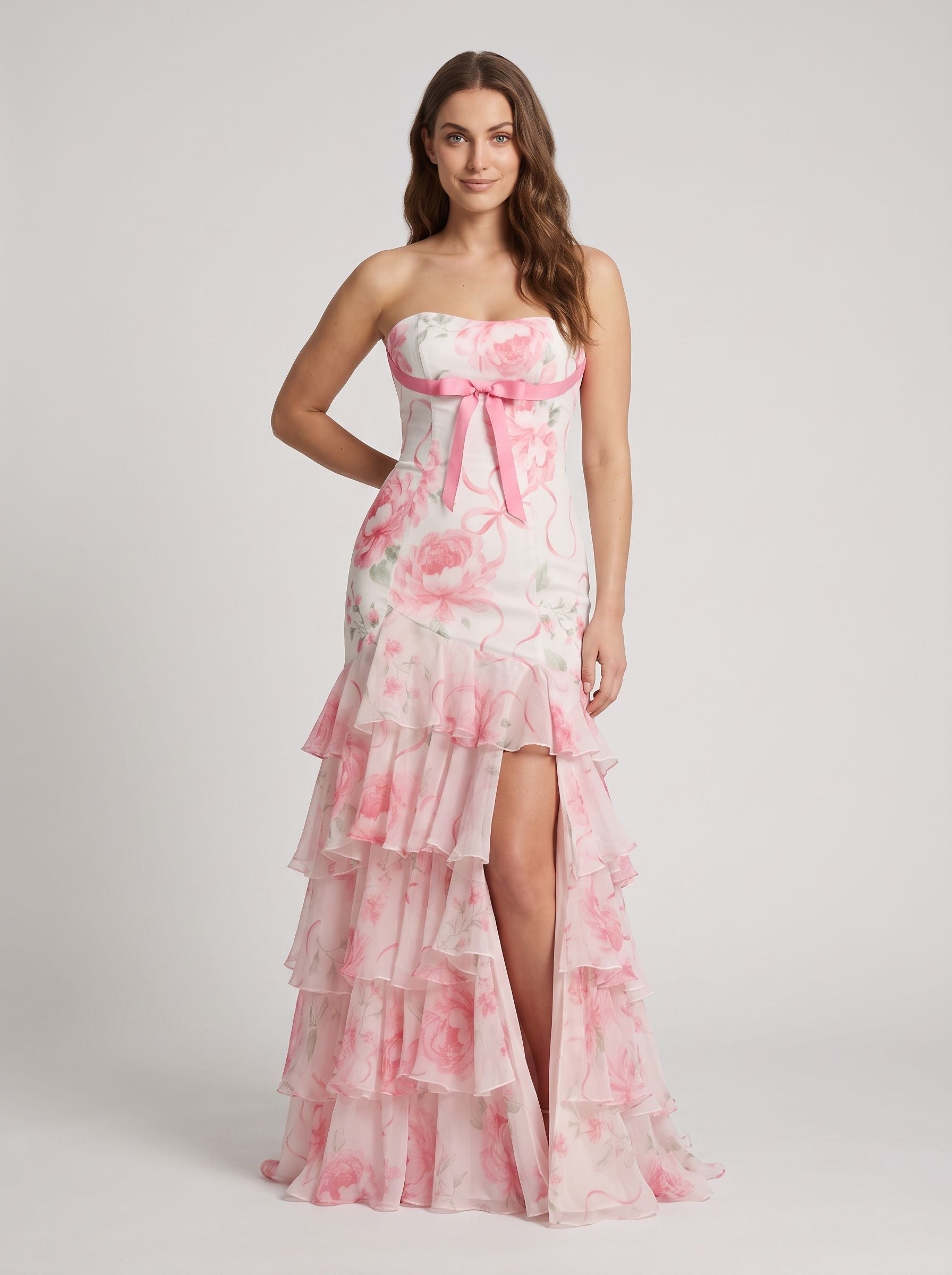 Pink Print Satin Mermaid Sweetheart Back Zip Floor-Length Dress with Ruffled Tiered Skirt