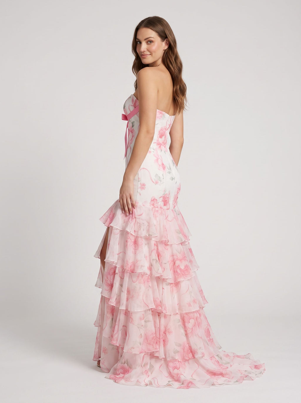 Pink Print Satin Mermaid Sweetheart Back Zip Floor-Length Dress with Ruffled Tiered Skirt