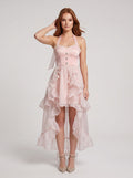 Pink Tulle A-Line Halter neckline Back Zip Asymmetrical Dress with Pearl-beaded Collar