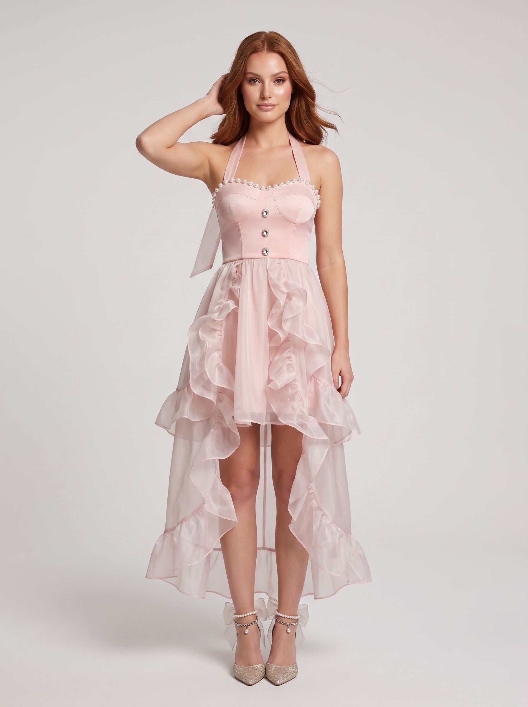Pink Tulle A-Line Halter neckline Back Zip Asymmetrical Dress with Pearl-beaded Collar