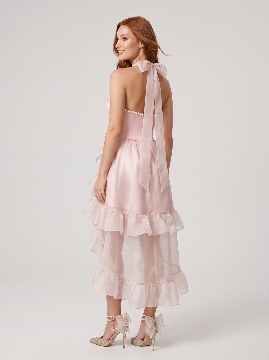 Pink Tulle A-Line Halter neckline Back Zip Asymmetrical Dress with Pearl-beaded Collar