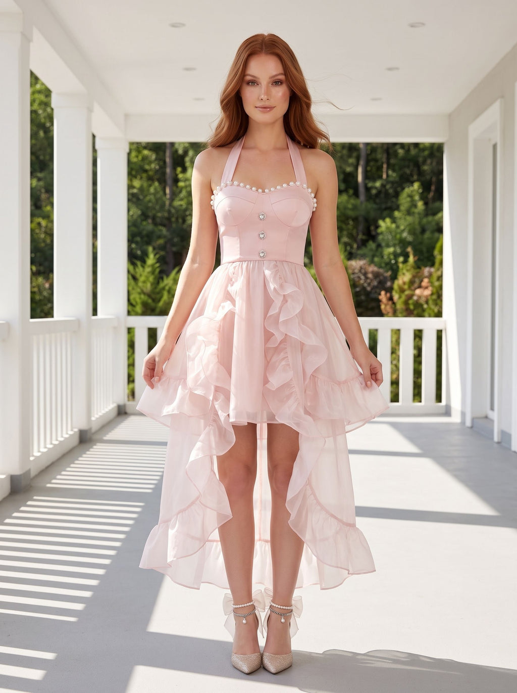 Pink Tulle A-Line Halter neckline Back Zip Asymmetrical Dress with Pearl-beaded Collar