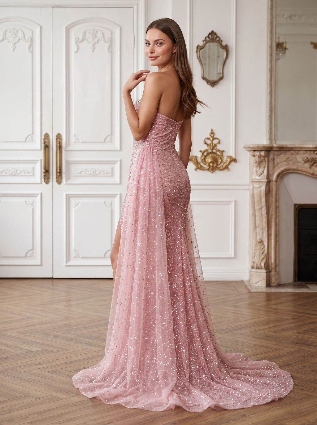Pink Tulle Sheath Straight Neck Back Zip Floor-Length Dress with Ruched Bodice and High Slit