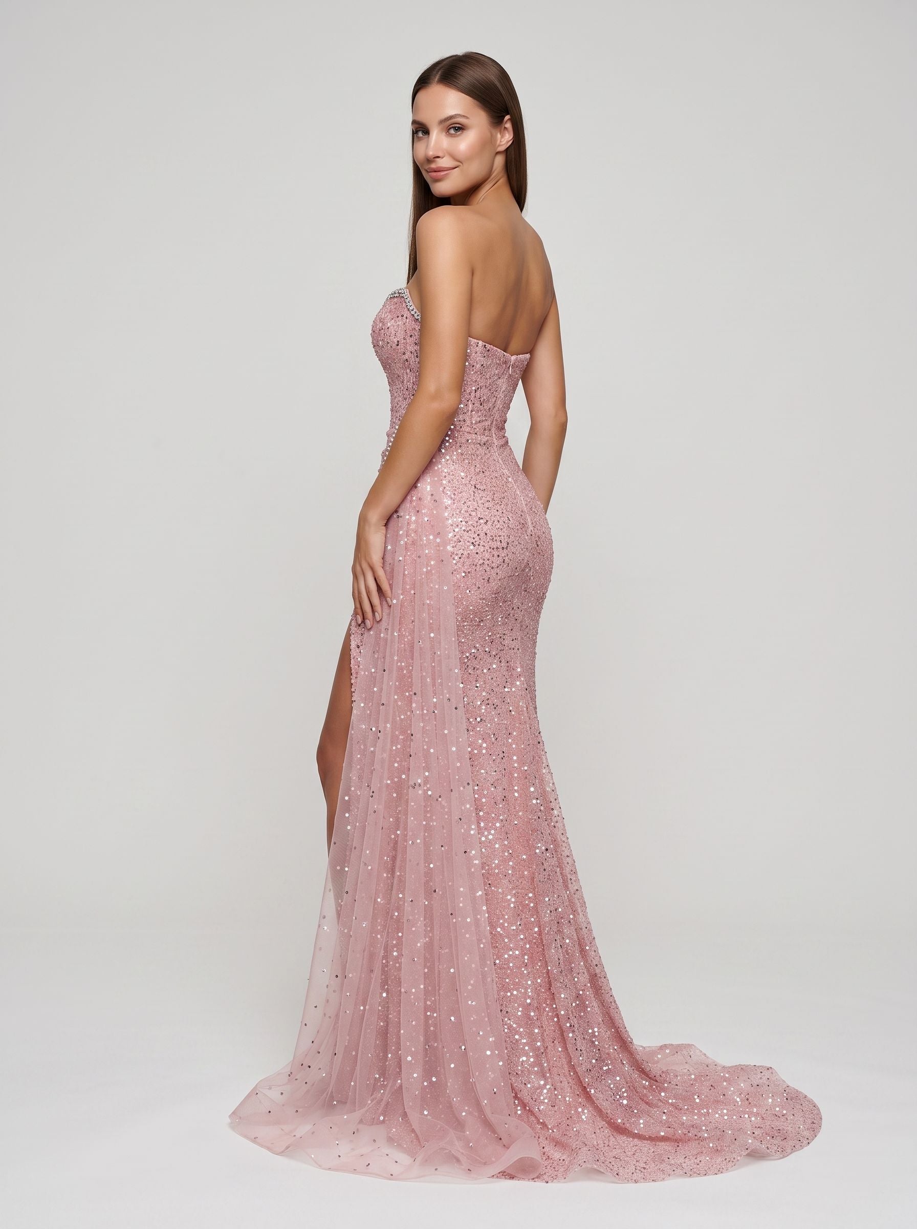 Pink Tulle Sheath Straight Neck Back Zip Floor-Length Dress with Ruched Bodice and High Slit