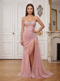 Pink Tulle Sheath Straight Neck Back Zip Floor-Length Dress with Ruched Bodice and High Slit