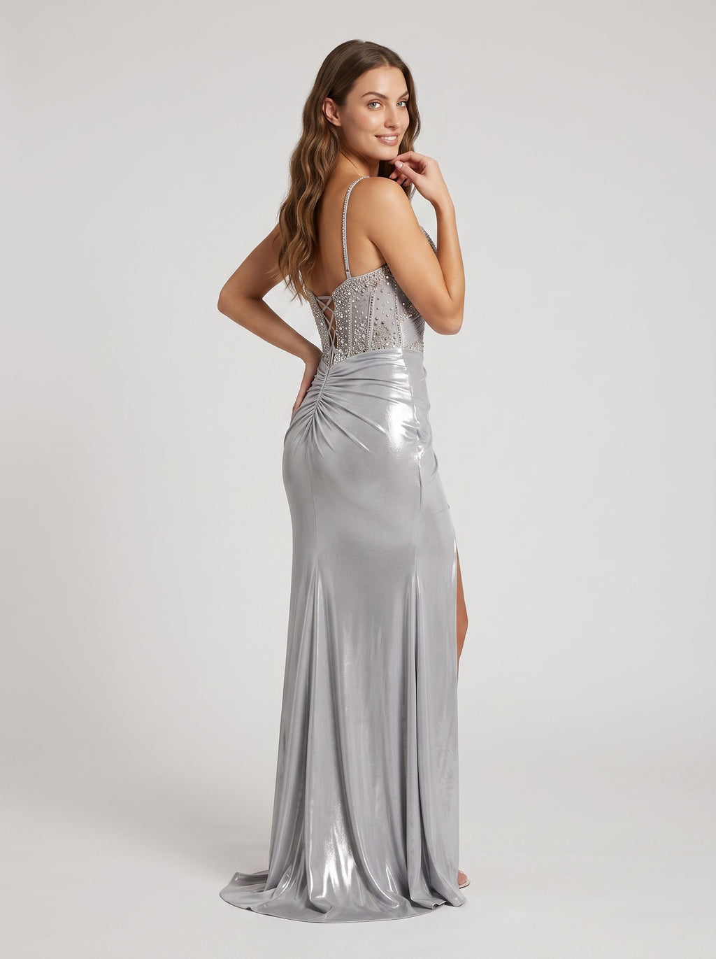 Silver Sequins Sheath Sweetheart Lace-up Floor-Length Dress with Side Slit