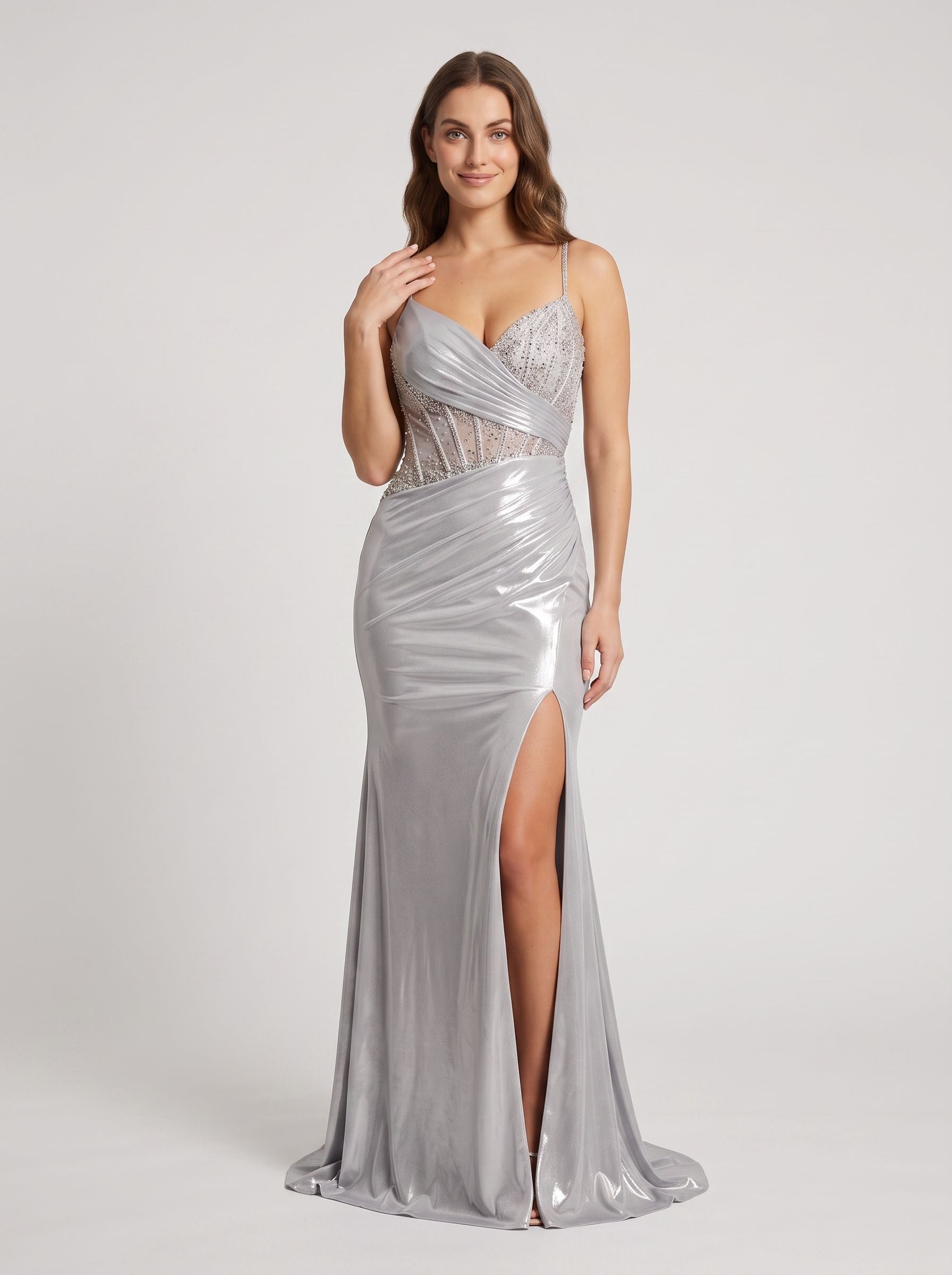 Silver Sequins Sheath Sweetheart Lace-up Floor-Length Dress with Side Slit
