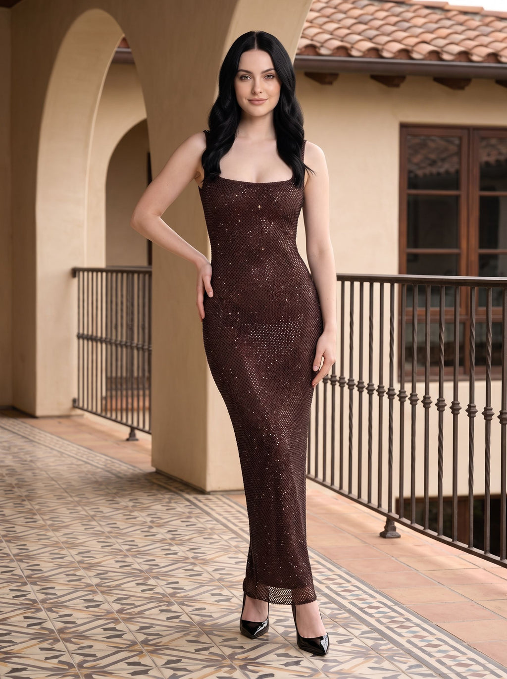 Mocha Rhinestone Mesh Sheath Square Neck Backless Floor-Length Dress