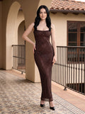 Mocha Rhinestone Mesh Sheath Square Neck Backless Floor-Length Dress