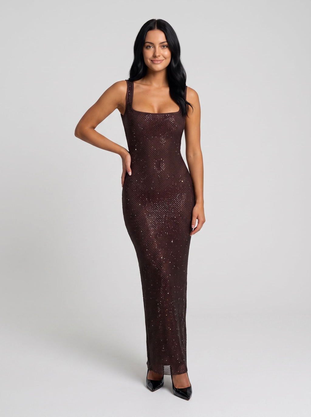 Mocha Rhinestone Mesh Sheath Square Neck Backless Floor-Length Dress