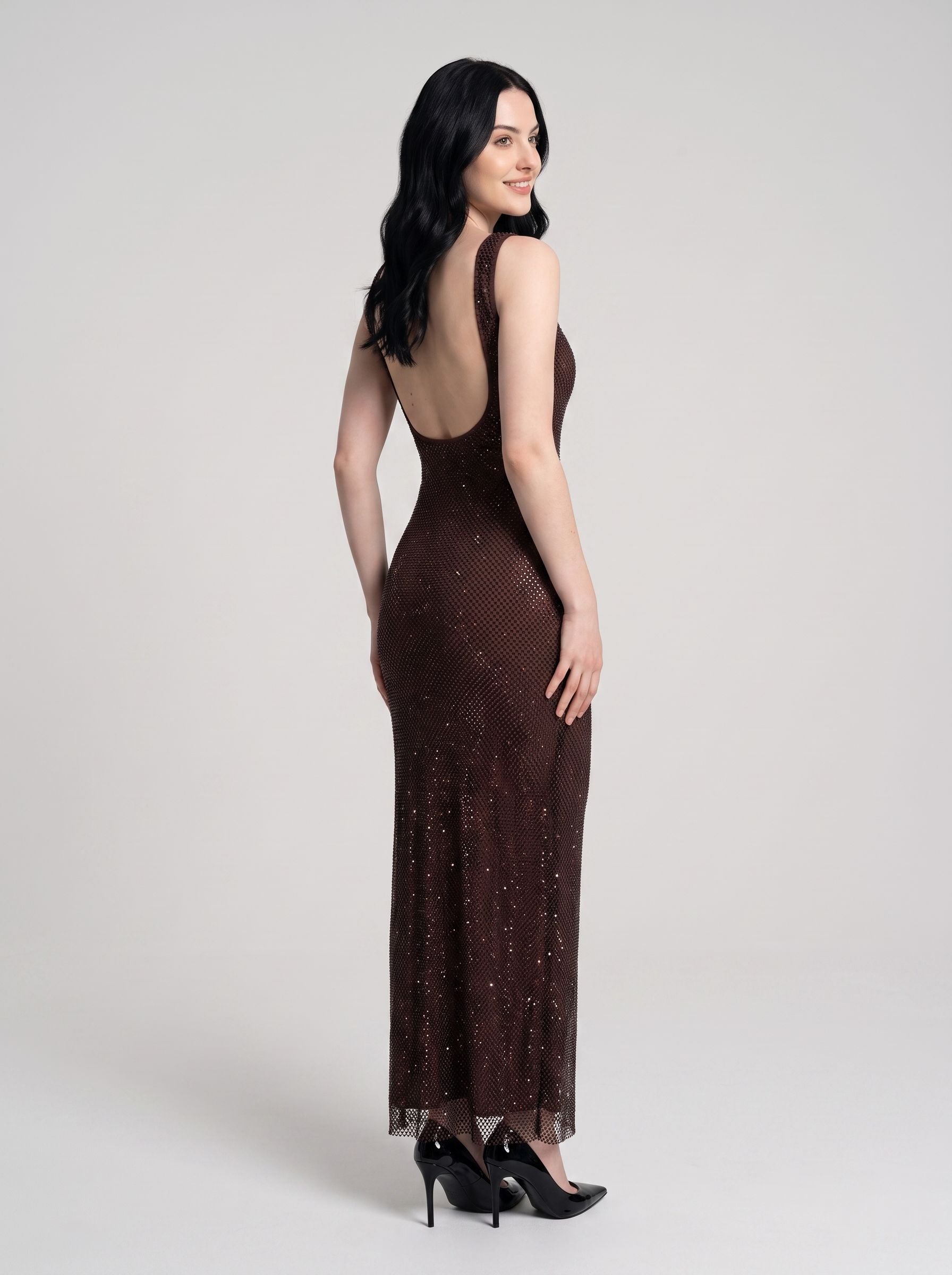 Mocha Rhinestone Mesh Sheath Square Neck Backless Floor-Length Dress