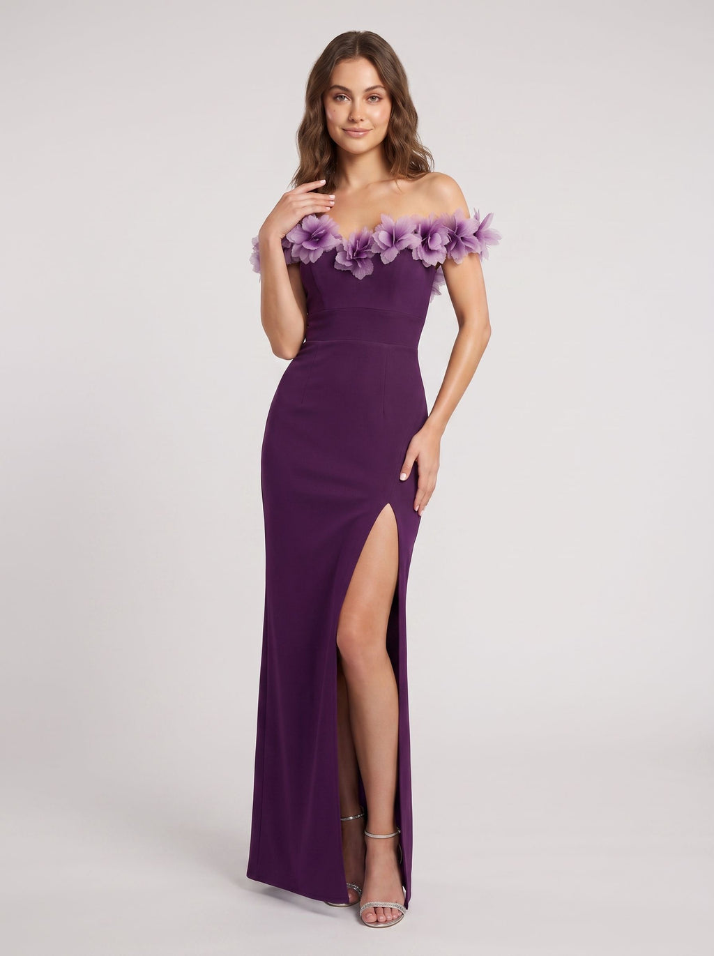 Plum Crepe Sheath Off-the-Shoulder Back Zip Floor-Length Dress with 3D Flowers