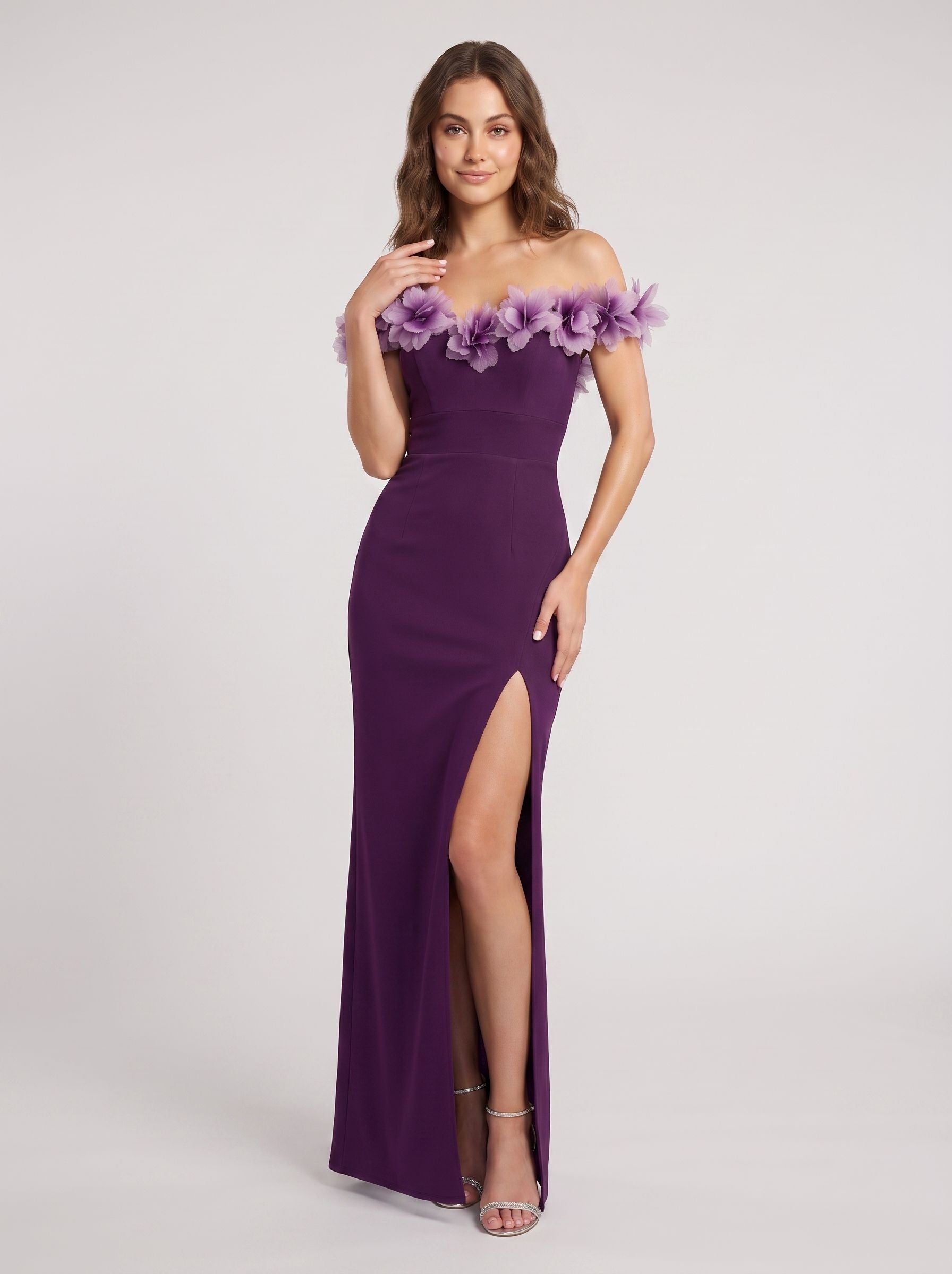 Plum Crepe Sheath Off-the-Shoulder Back Zip Floor-Length Dress with 3D Flowers