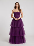 Plum Tulle A-Line Sweetheart Corset Back Floor-Length Dress with Tiered Skirt