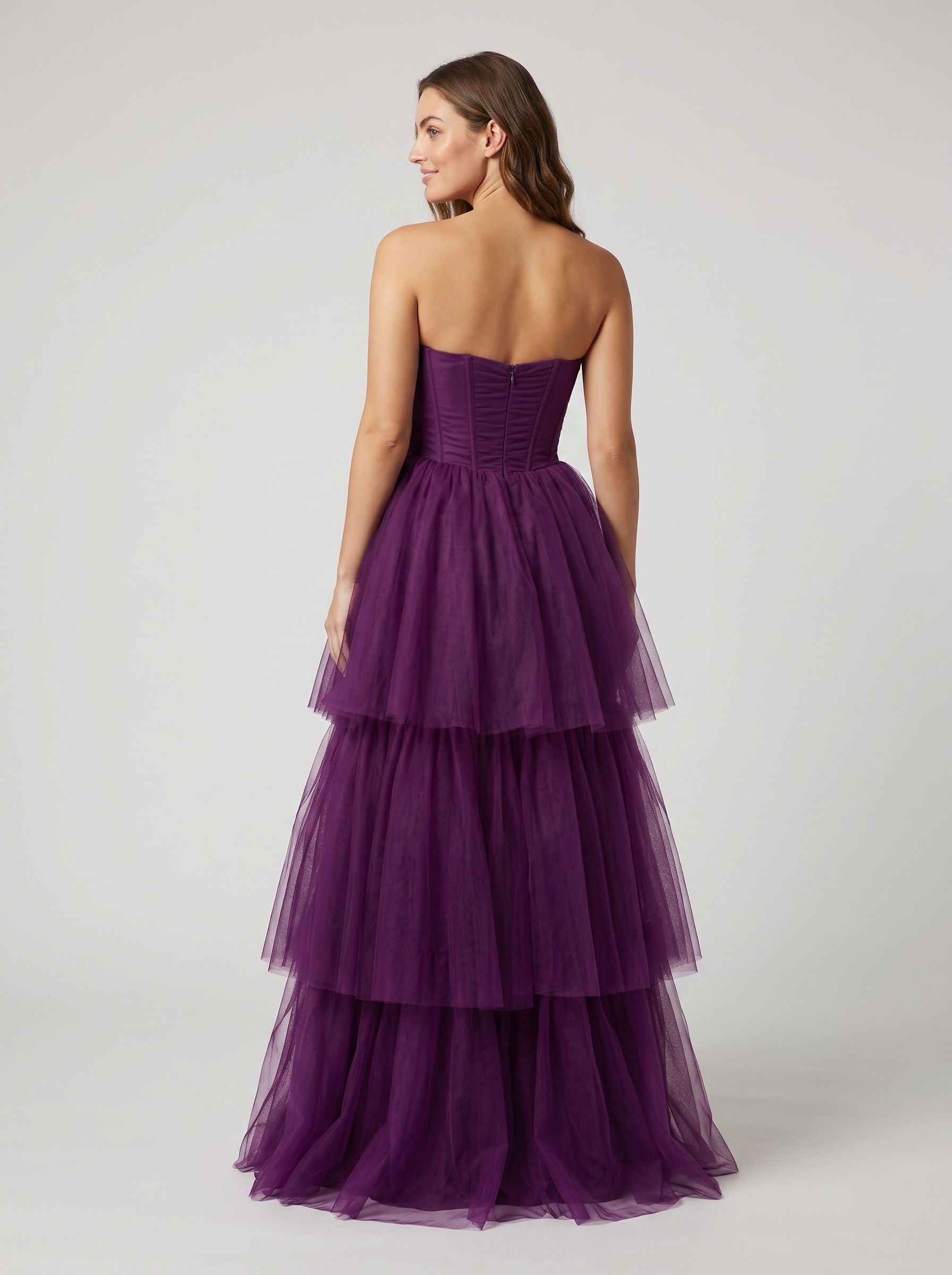 Plum Tulle A-Line Sweetheart Corset Back Floor-Length Dress with Tiered Skirt