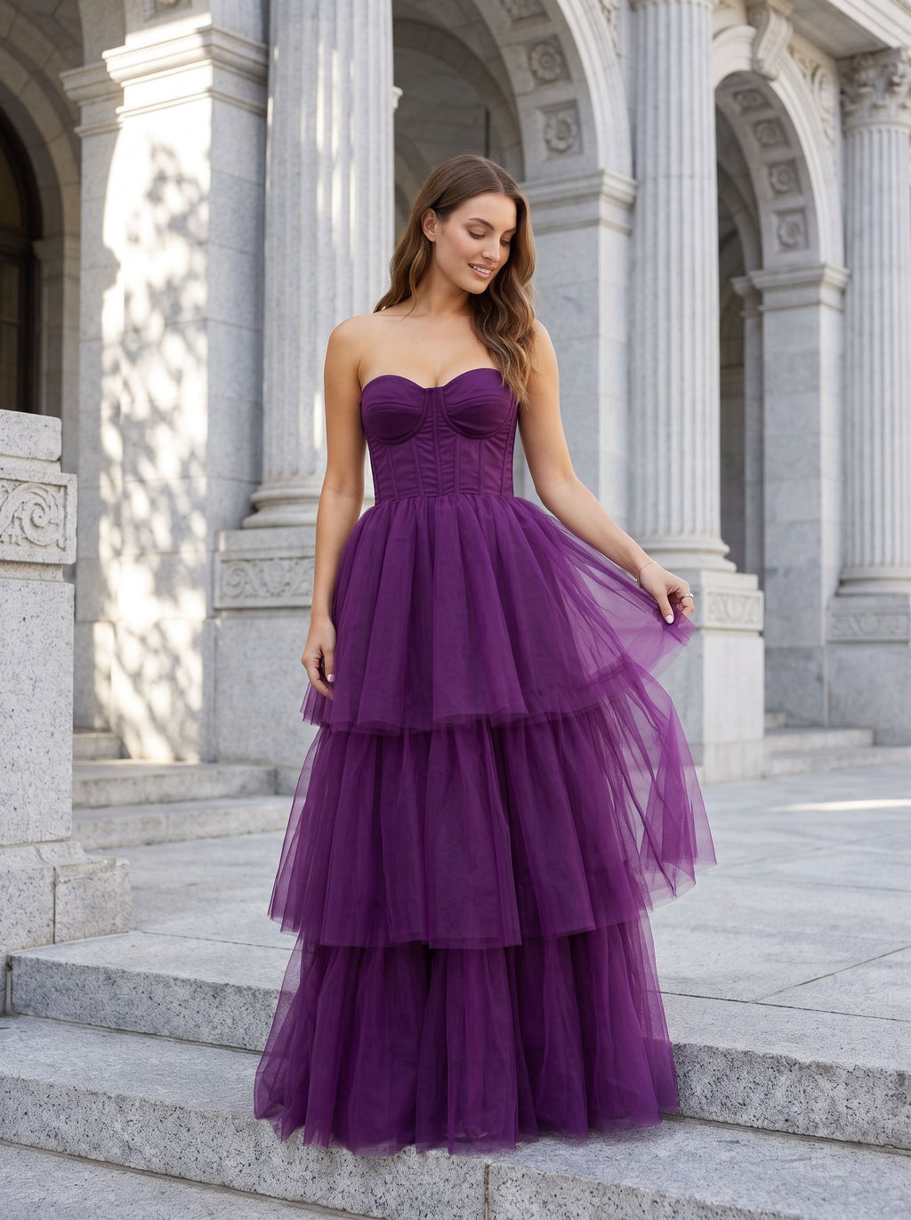 Plum Tulle A-Line Sweetheart Corset Back Floor-Length Dress with Tiered Skirt
