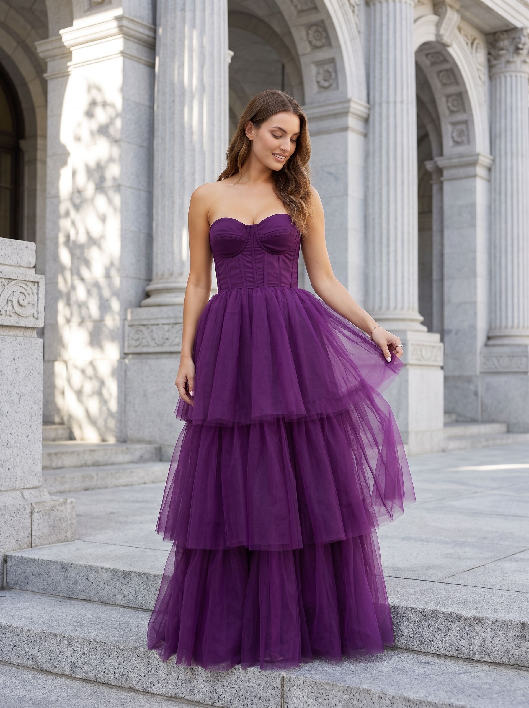 Plum Tulle A-Line Sweetheart Corset Back Floor-Length Dress with Tiered Skirt