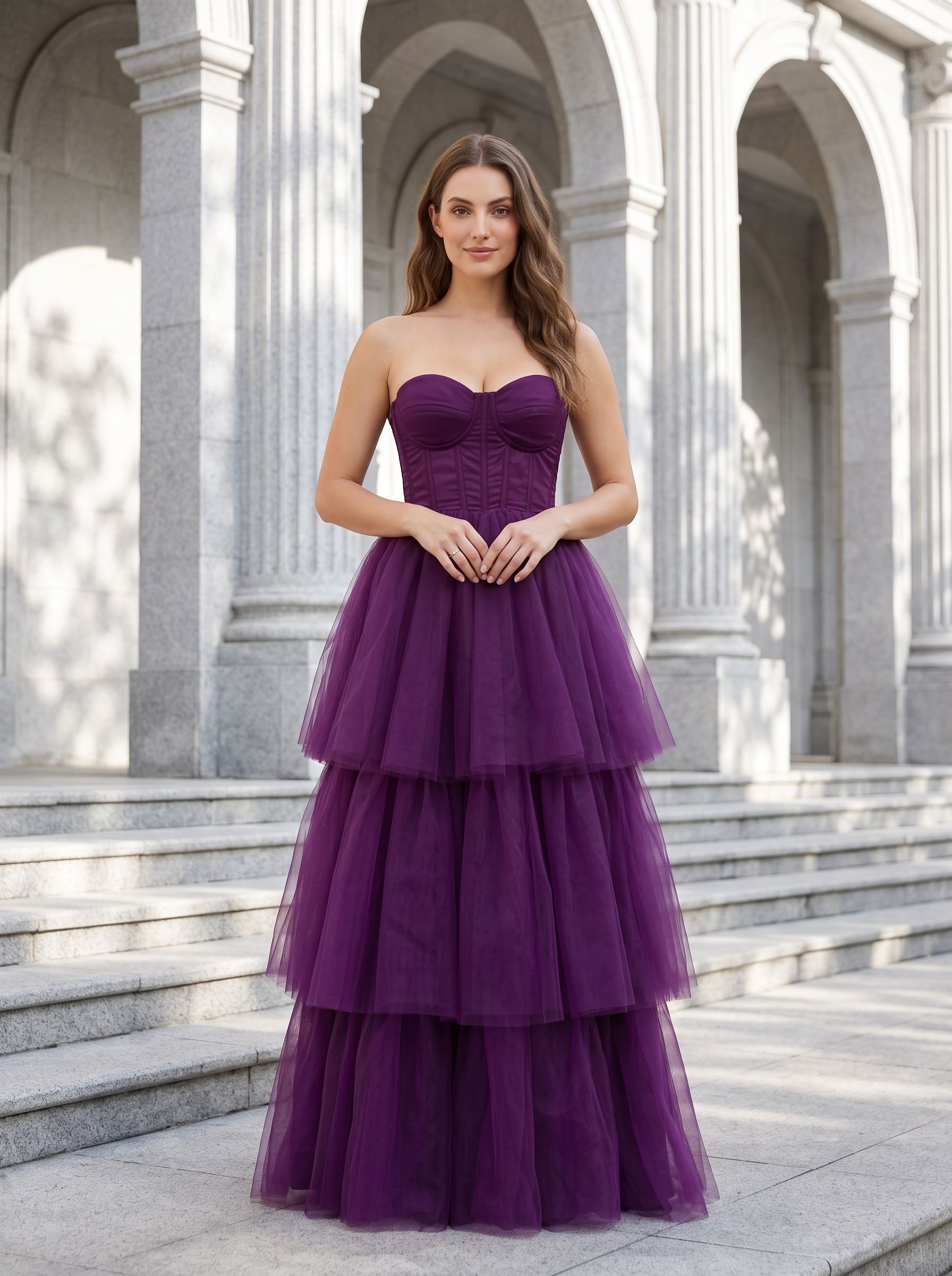 Plum Tulle A-Line Sweetheart Corset Back Floor-Length Dress with Tiered Skirt