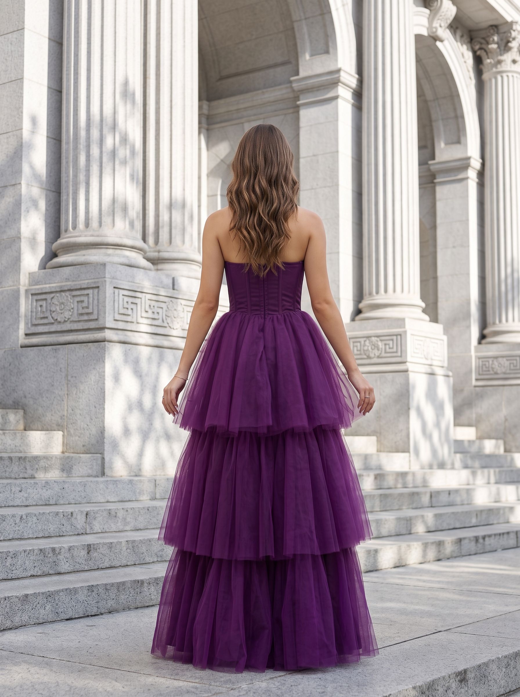 Plum Tulle A-Line Sweetheart Corset Back Floor-Length Dress with Tiered Skirt