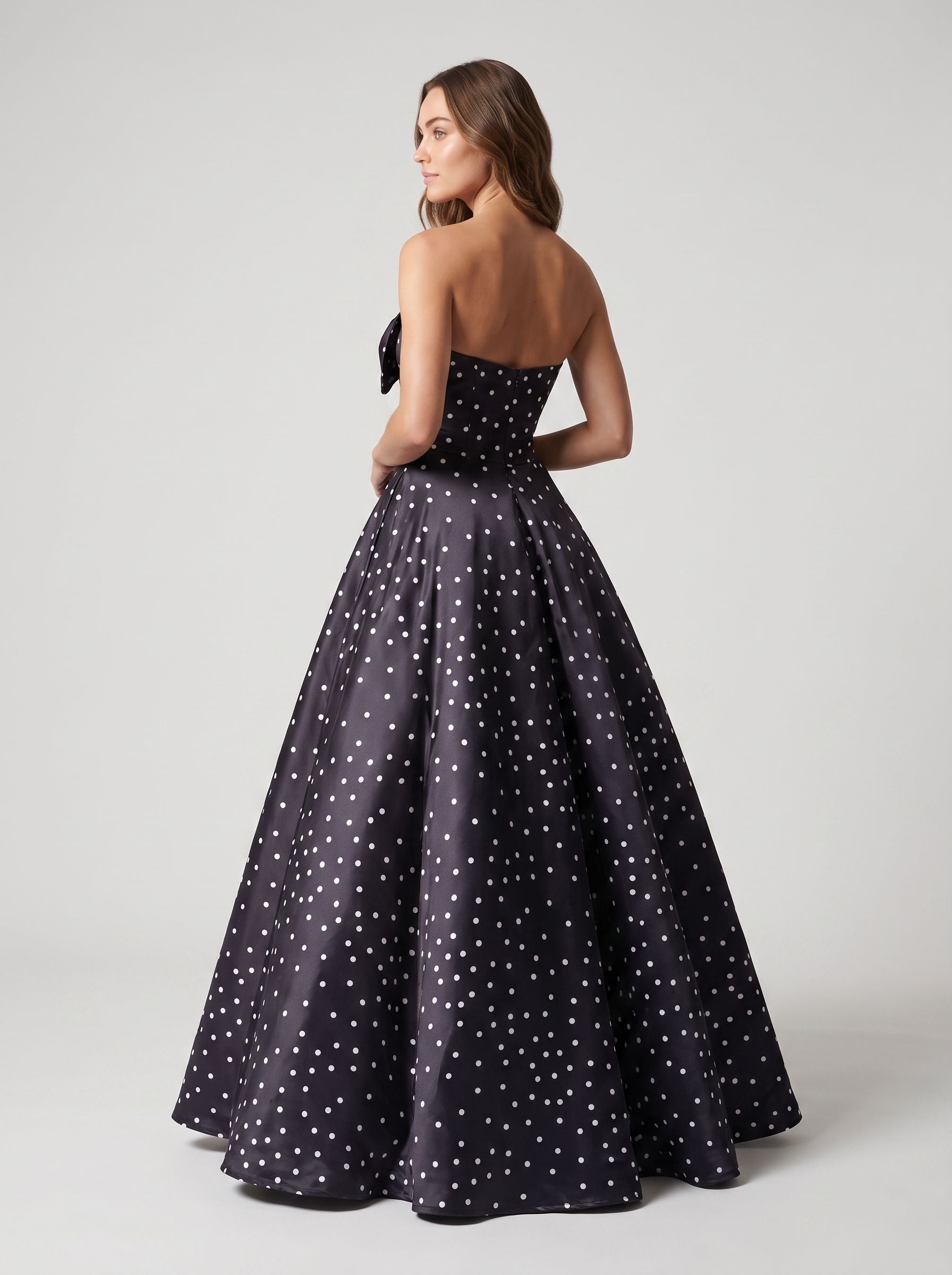 Black  Satin A-Line Sweetheart Bow Floor-Length Dress with Polka Dots